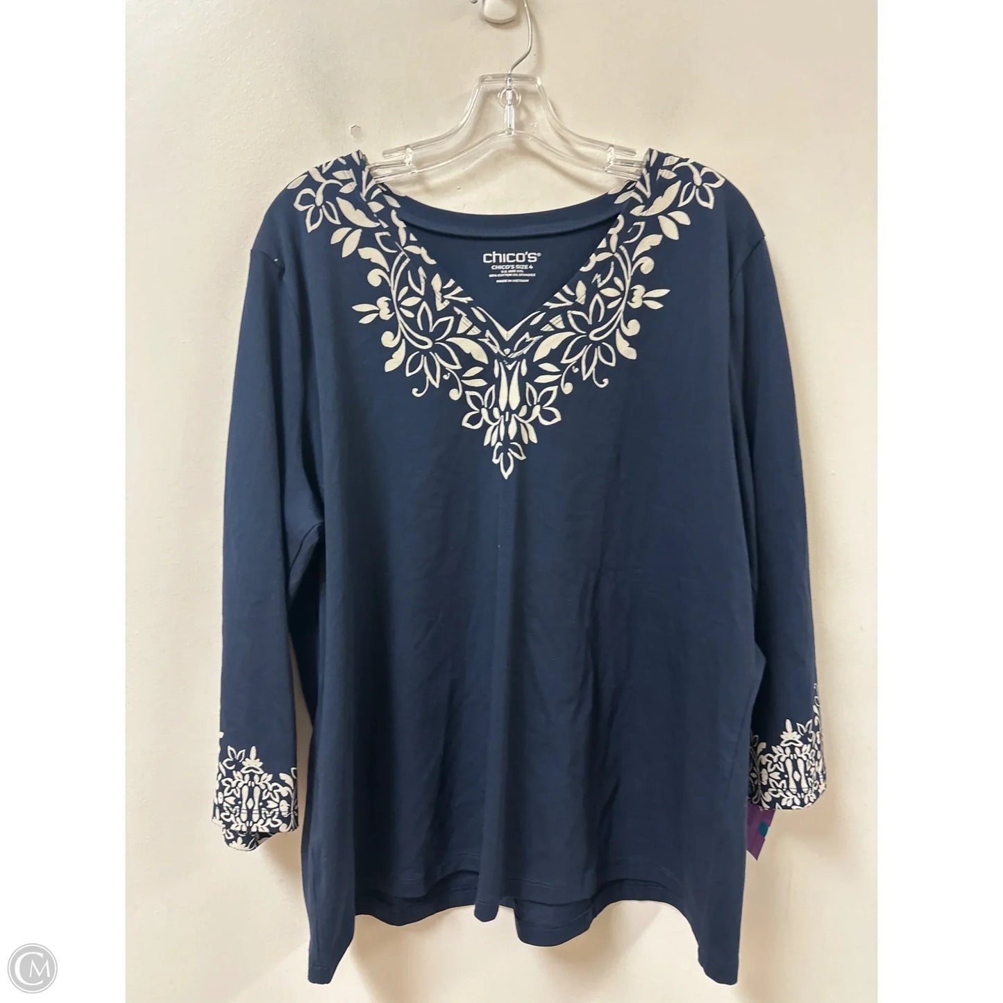 Top Long Sleeve By Chicos In Blue & Cream, Size: 1x
