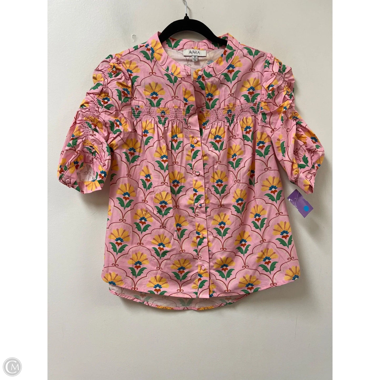 Blouse Short Sleeve By Clothes Mentor In Pink & Yellow, Size: Xs