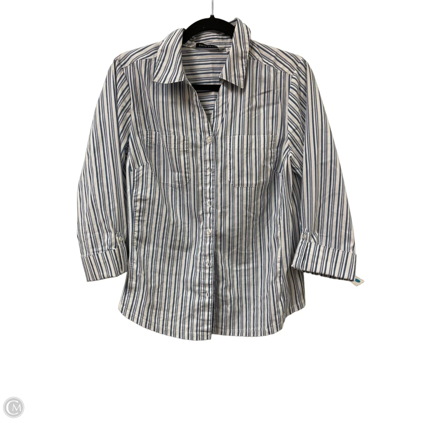Blouse Long Sleeve By Emily Daniels In Blue & White, Size: M
