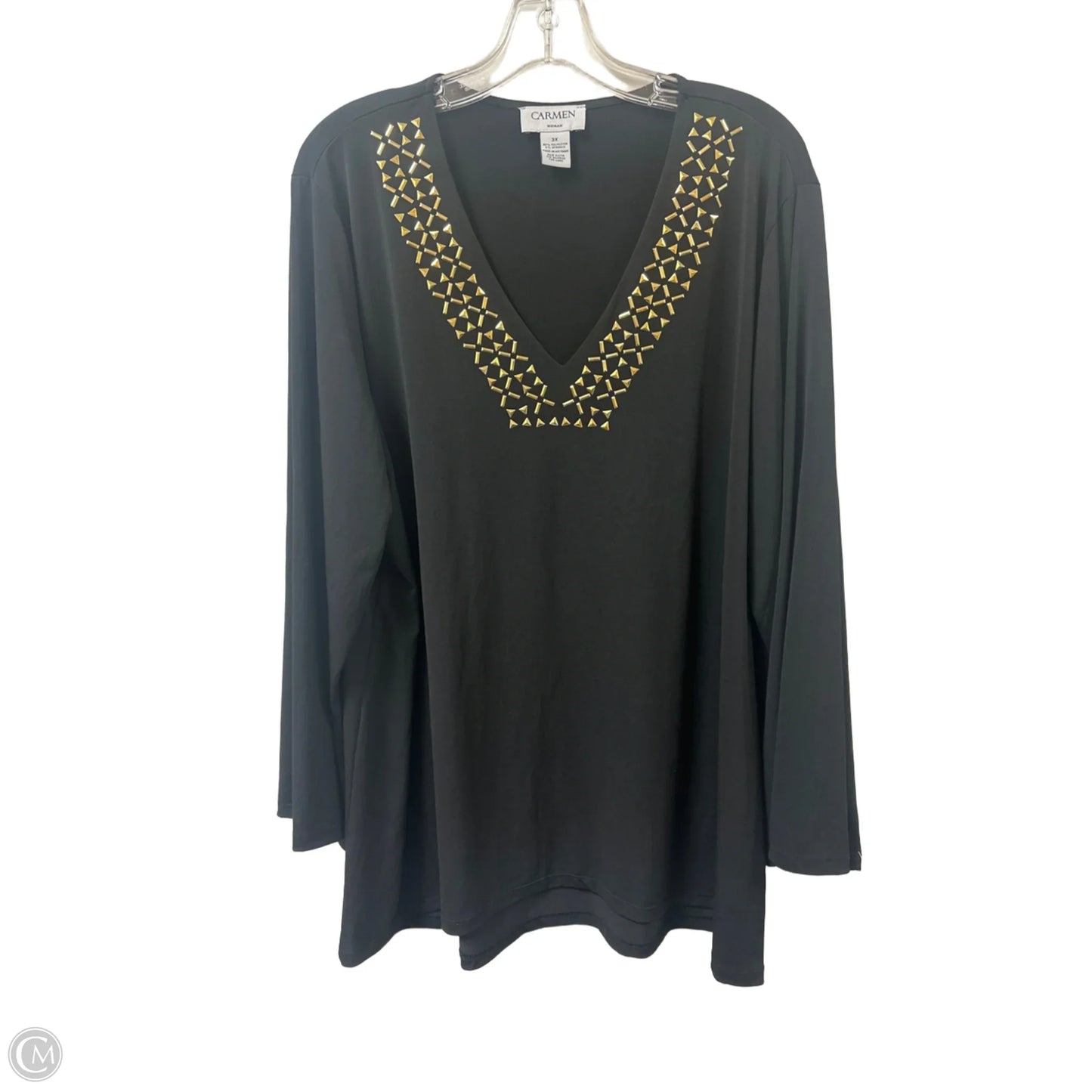 Top Long Sleeve By Carmen By Carmen Marc Valvo In Black & Gold, Size: 3x