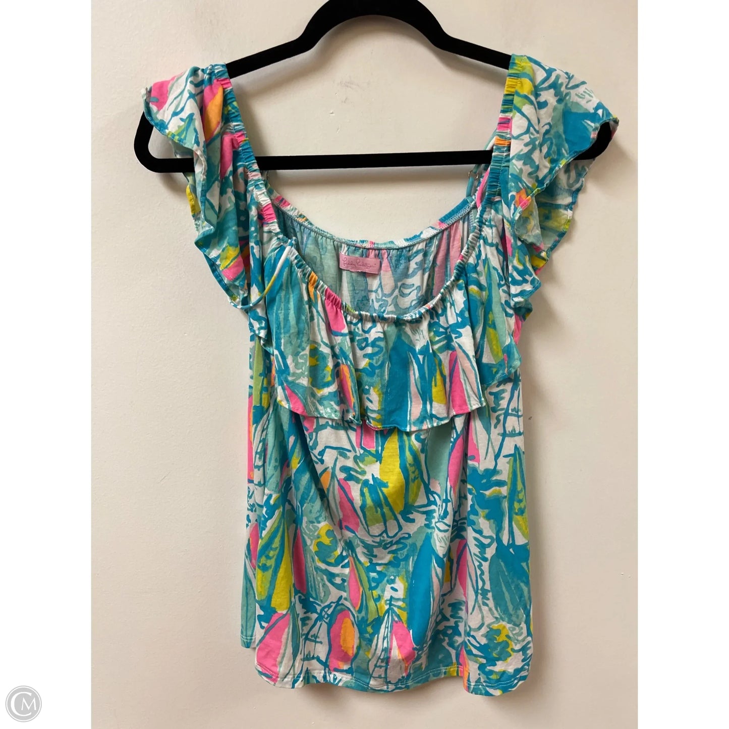 Top Short Sleeve Designer By Lilly Pulitzer In Blue & Pink, Size: S
