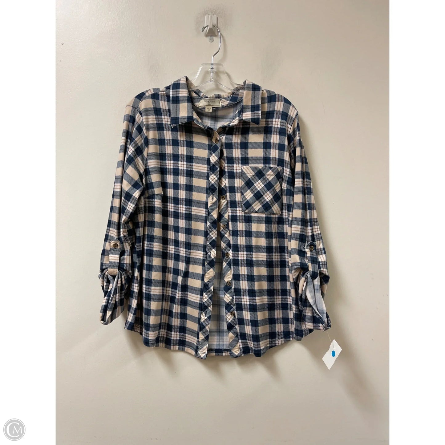 Blouse Long Sleeve By No Comment In Blue & Cream, Size: 1x