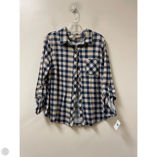 Blouse Long Sleeve By No Comment In Blue & Cream, Size: 1x