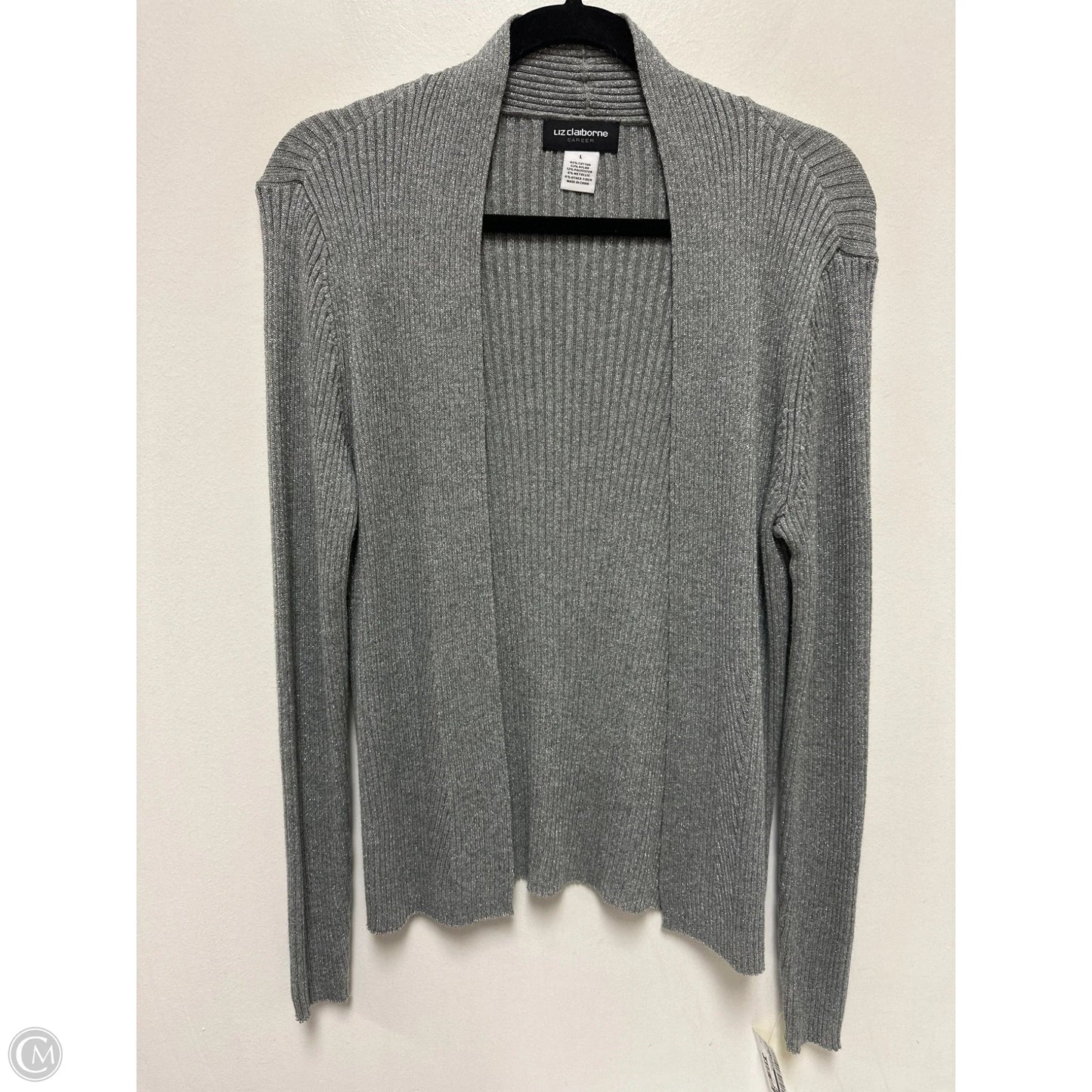 Sweater Cardigan By Liz Claiborne In Silver, Size: L