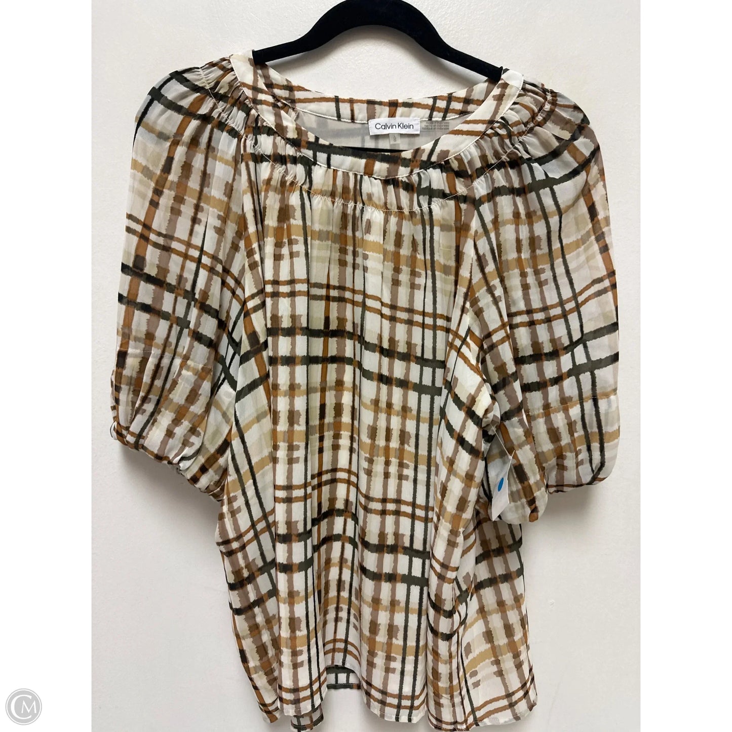 Top Short Sleeve By Calvin Klein In Brown & Cream, Size: L