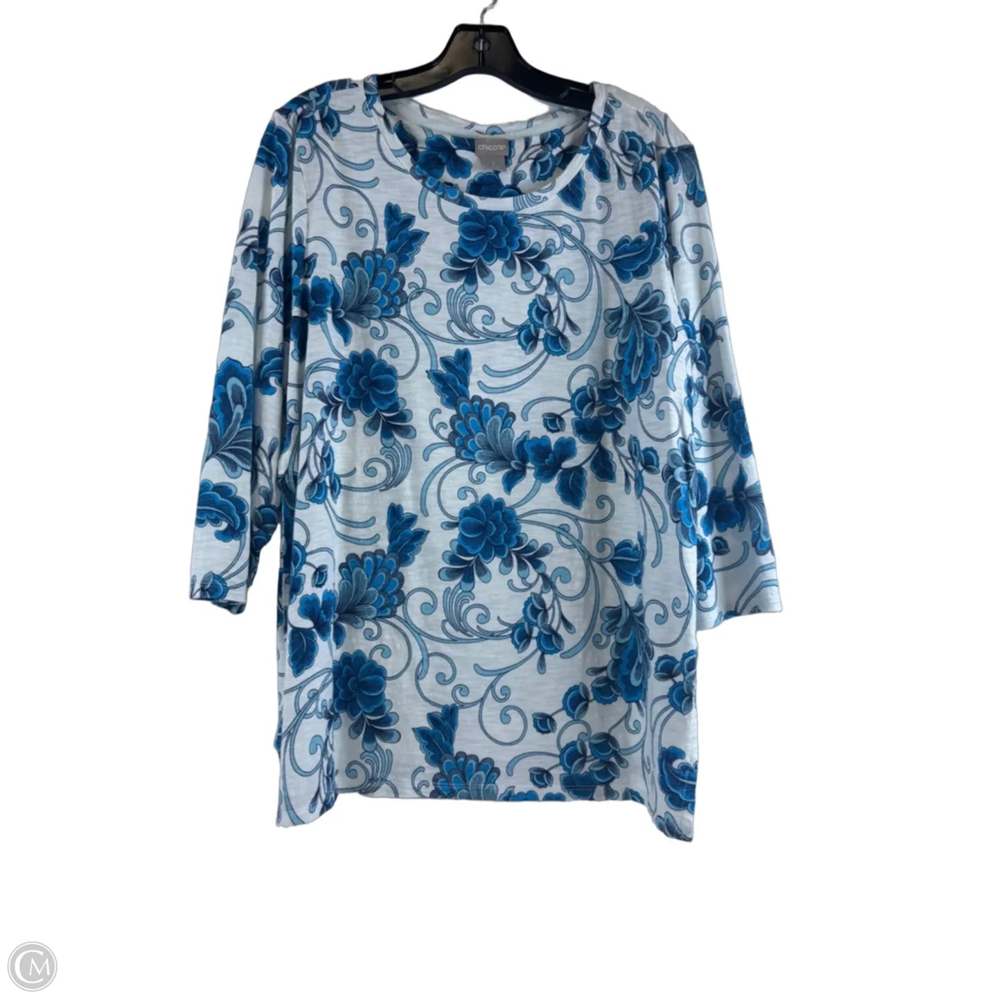 Top 3/4 Sleeve By Chicos In Blue & White, Size: Xl