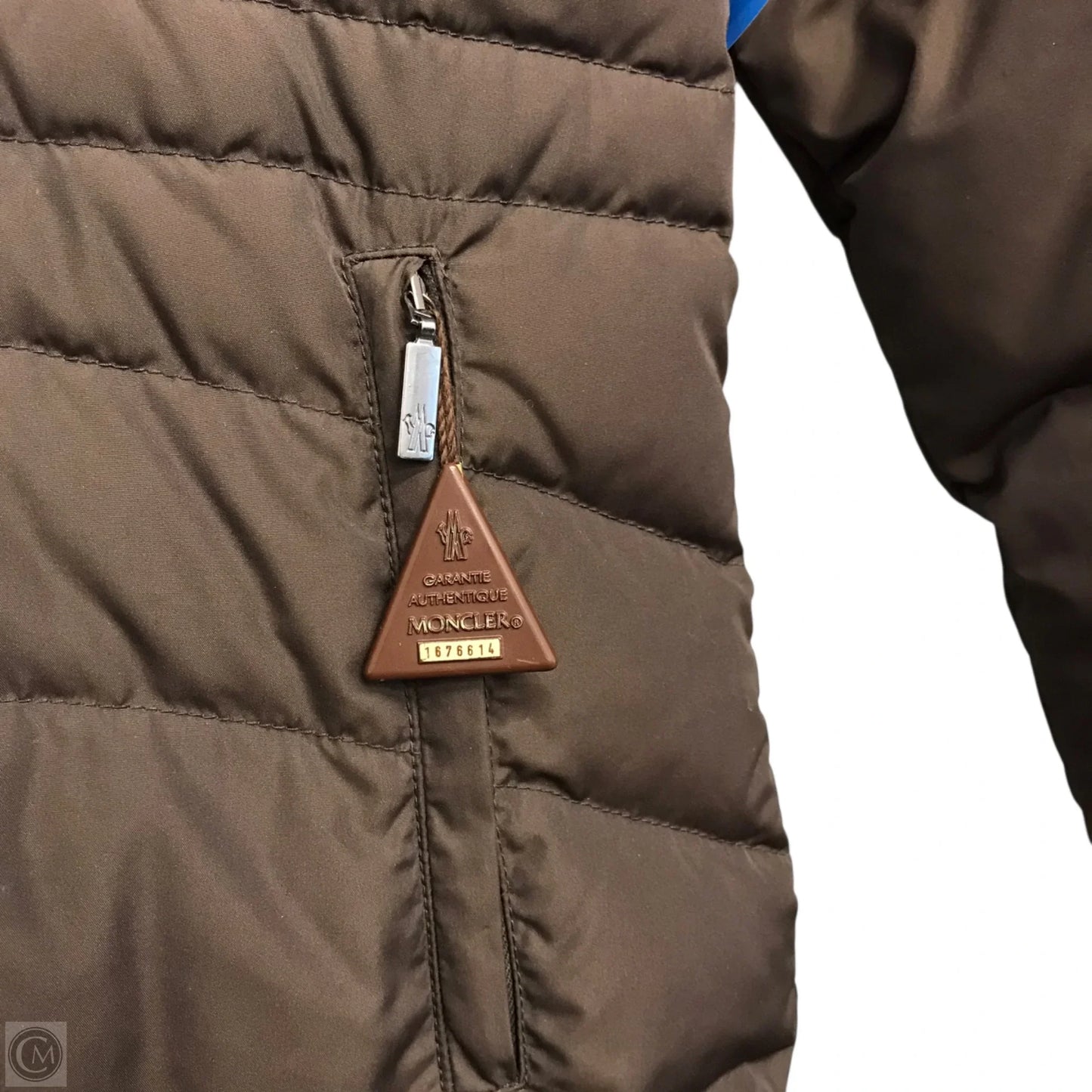 Coat Luxury Designer By Moncler In Brown, Size: S