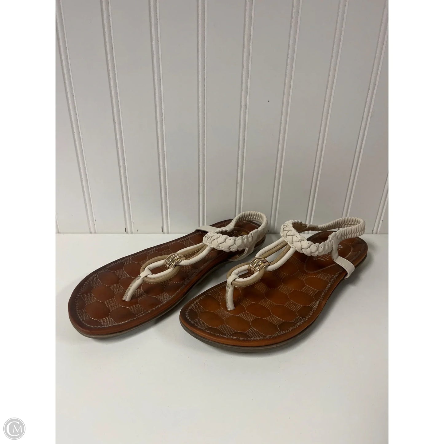 Sandals Flip Flops By Spring Step In Tan & White, Size: 10.5