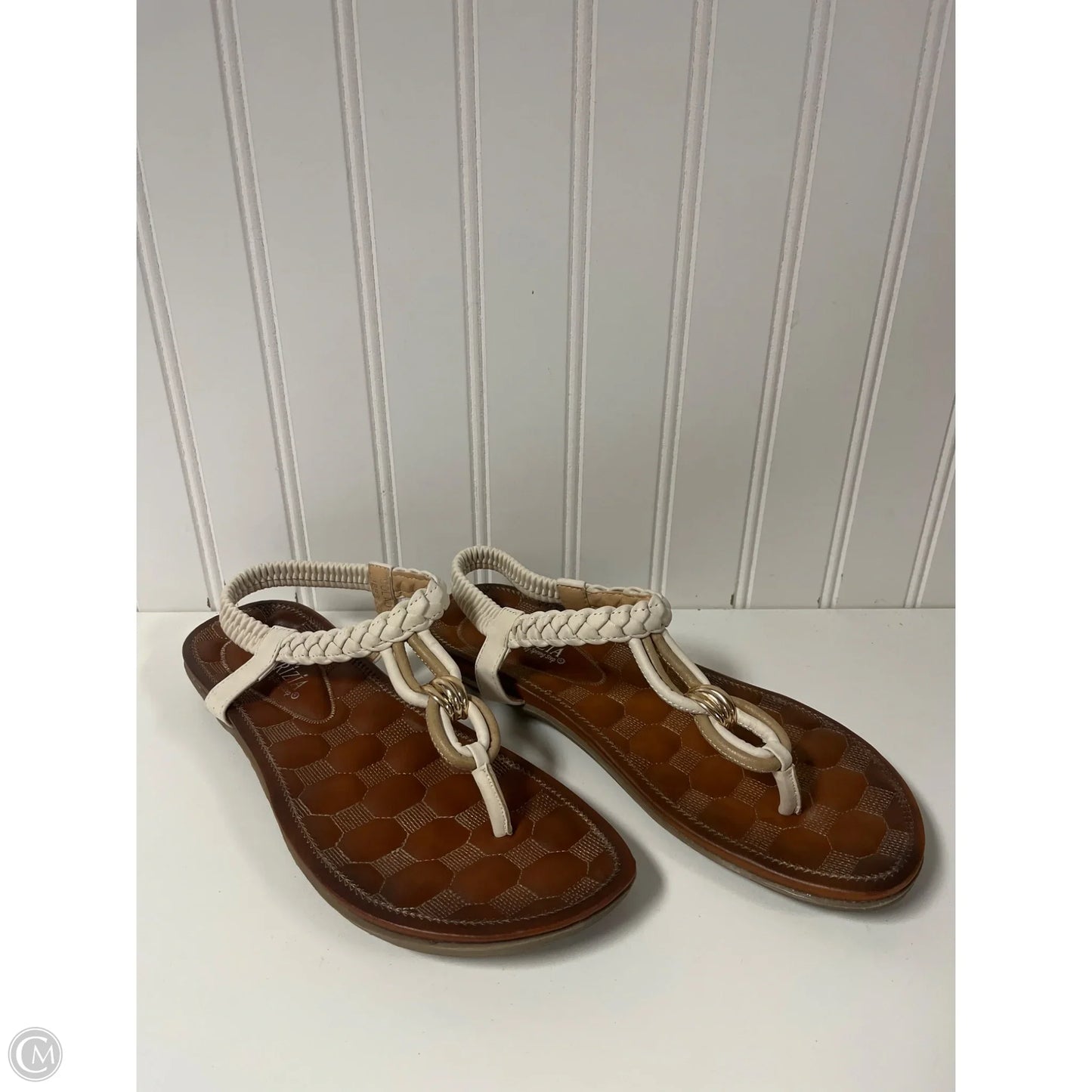 Sandals Flip Flops By Spring Step In Tan & White, Size: 10.5
