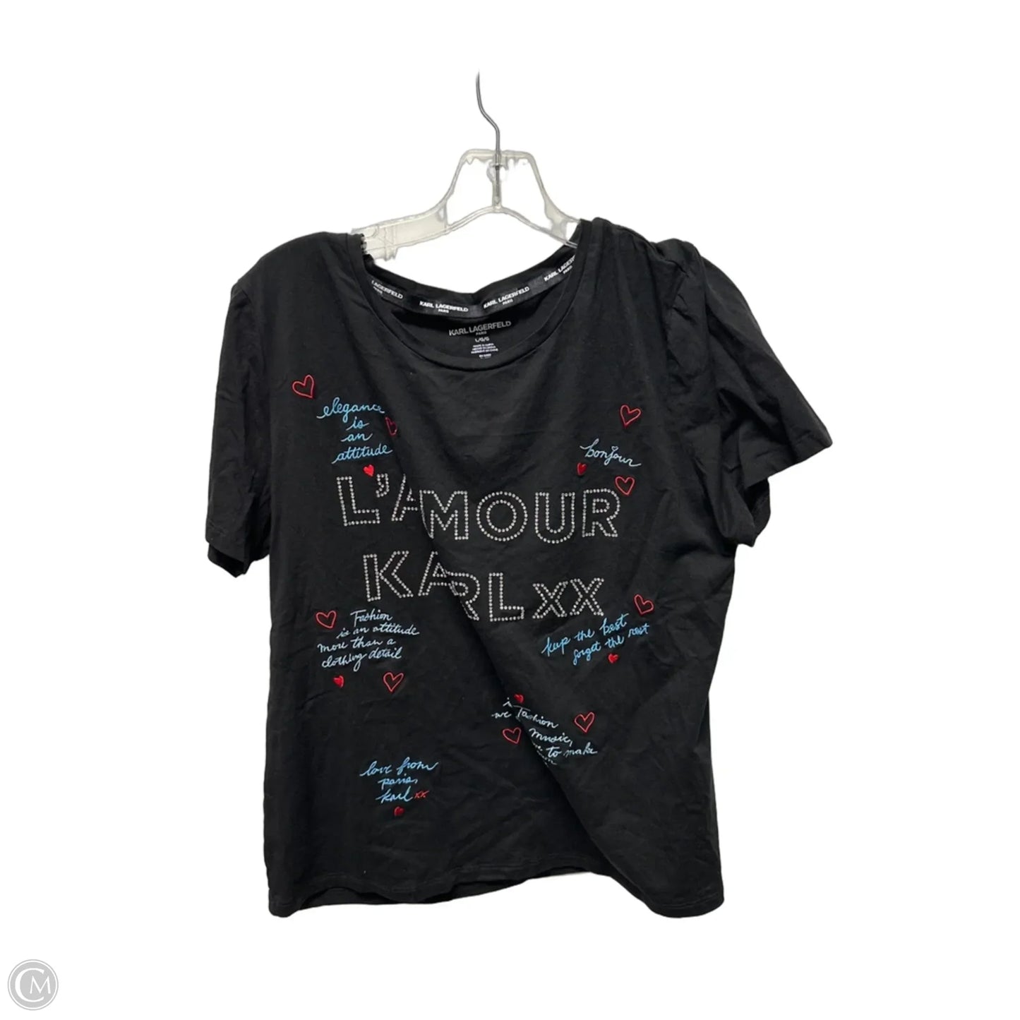 Top Short Sleeve Designer By Karl Lagerfeld In Black, Size: L