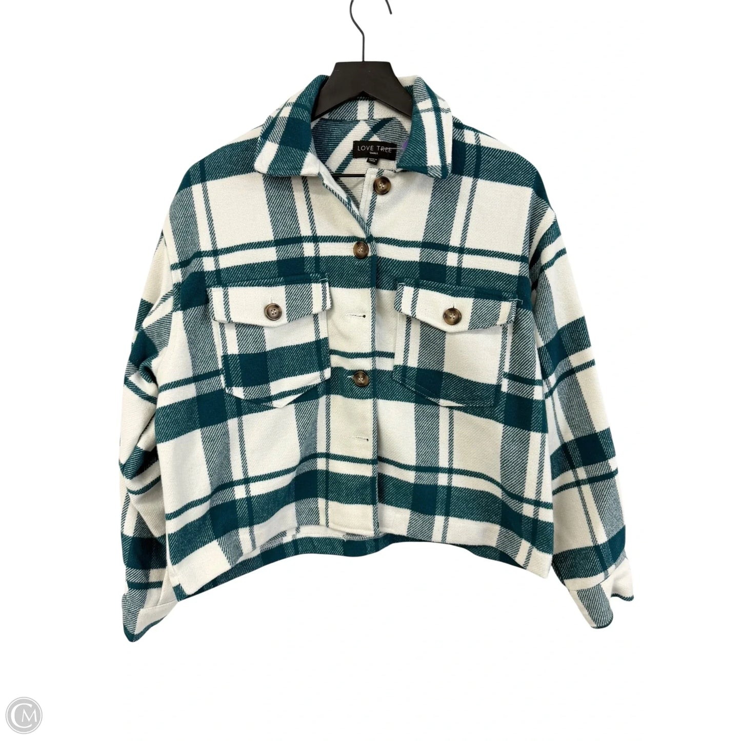 Jacket Shirt By Love Tree In Green & White, Size: S