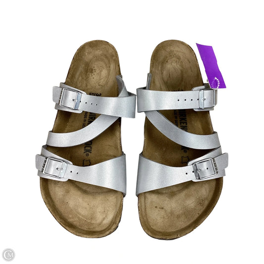 Sandals Flats By Birkenstock In Silver, Size: 8
