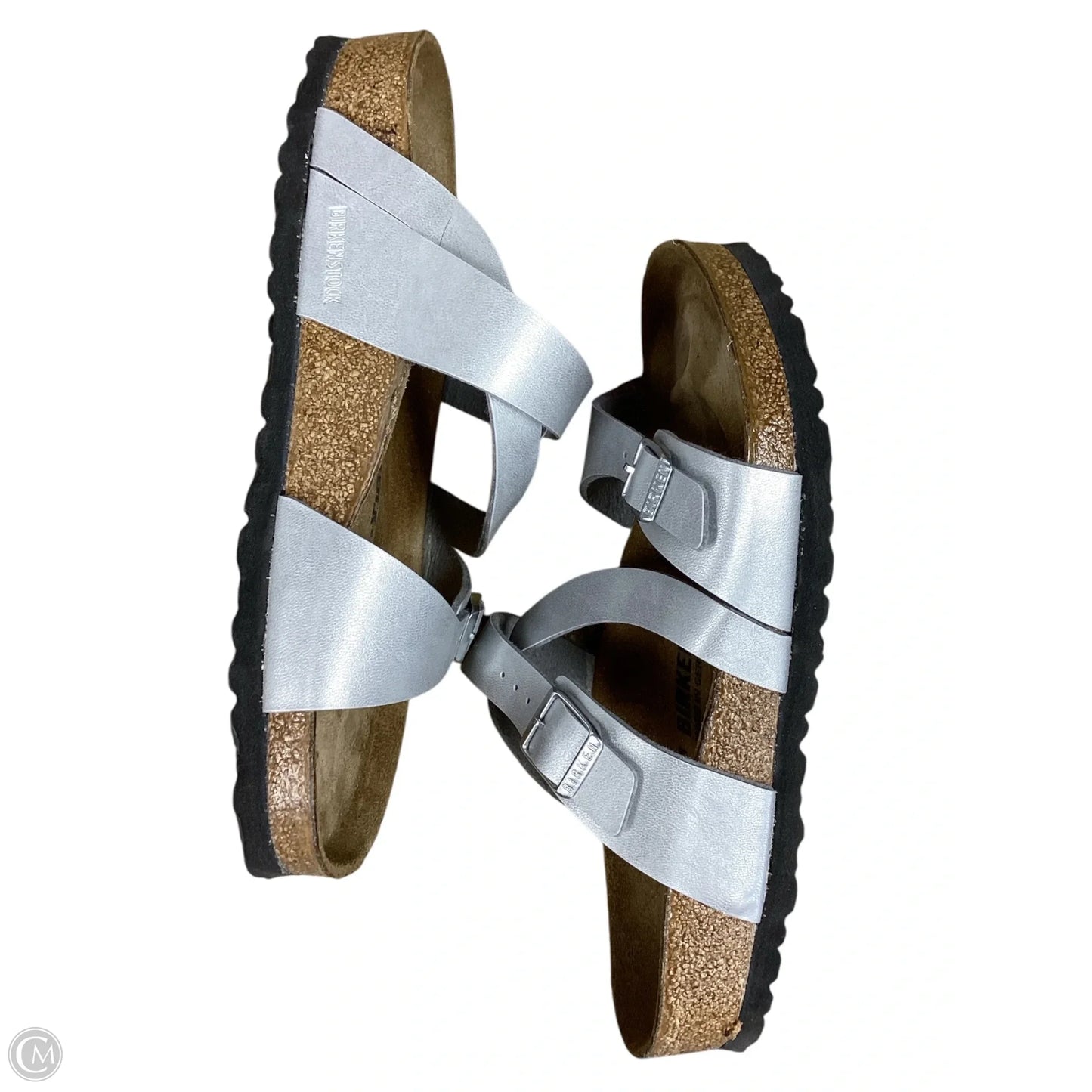 Sandals Flats By Birkenstock In Silver, Size: 8