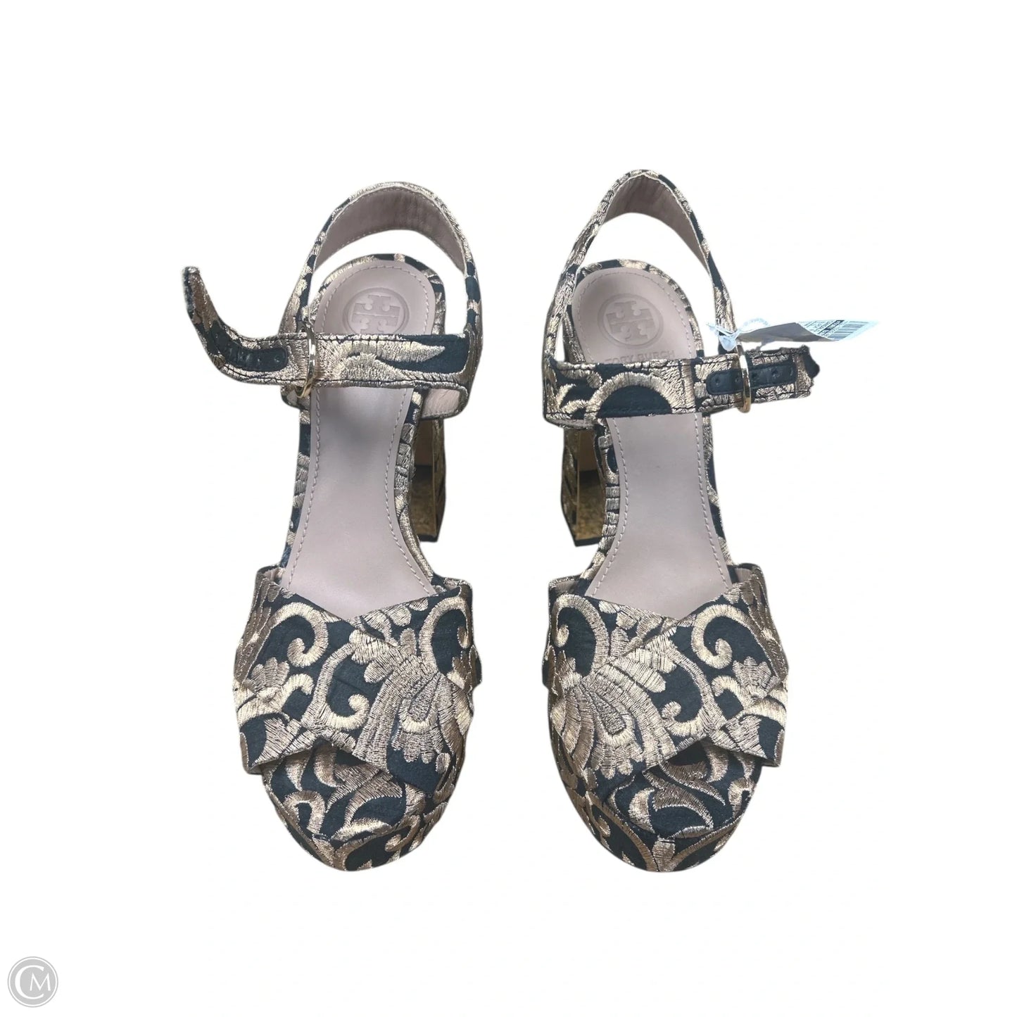 Sandals Designer By Tory Burch In Black & Gold, Size: 5.5