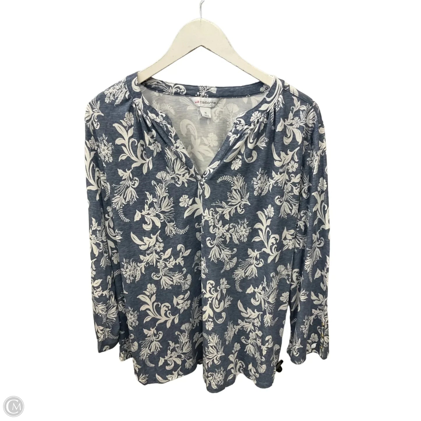 Top Long Sleeve By Liz Claiborne In Blue & White, Size: Xl