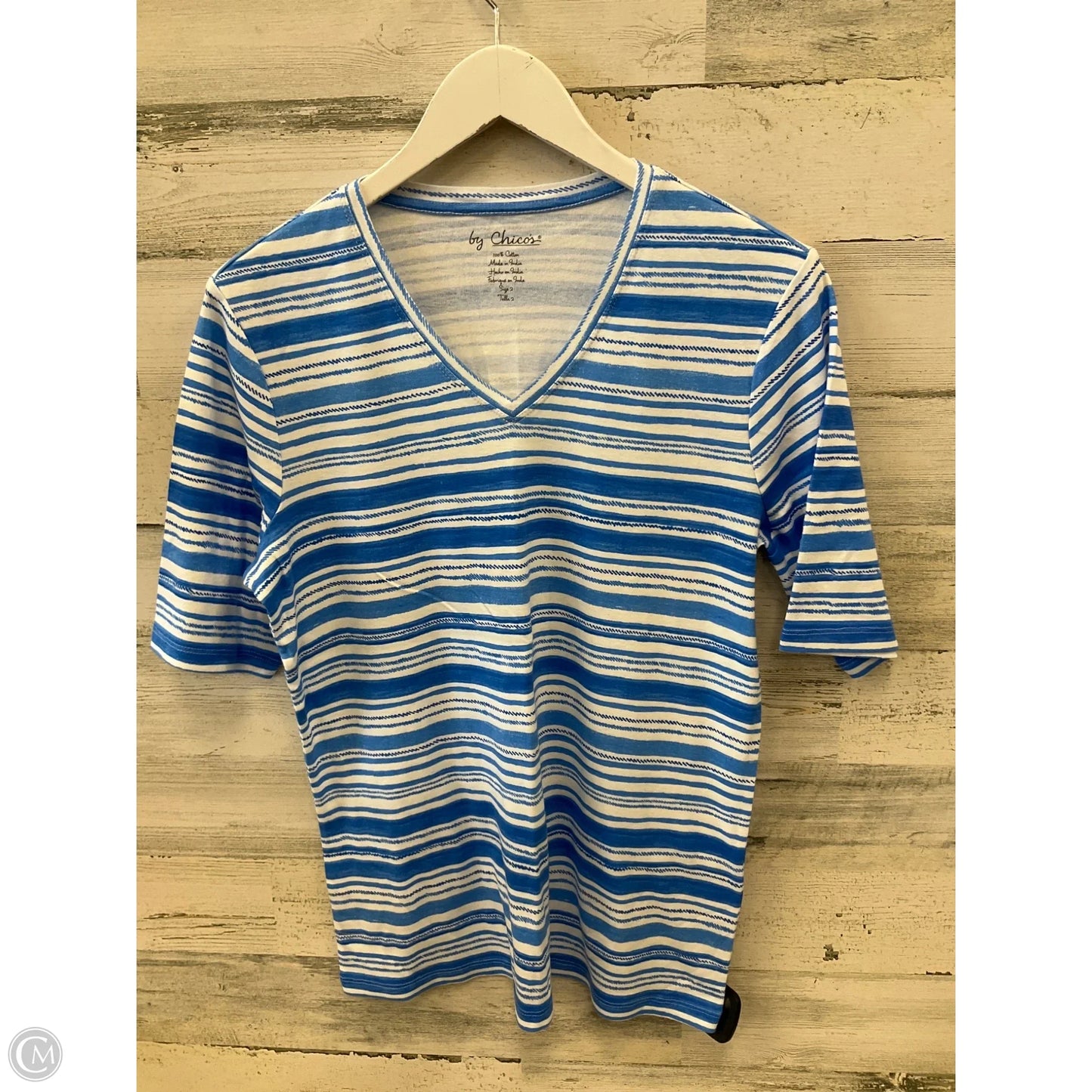 Top Short Sleeve By Chicos In Blue & White, Size: L