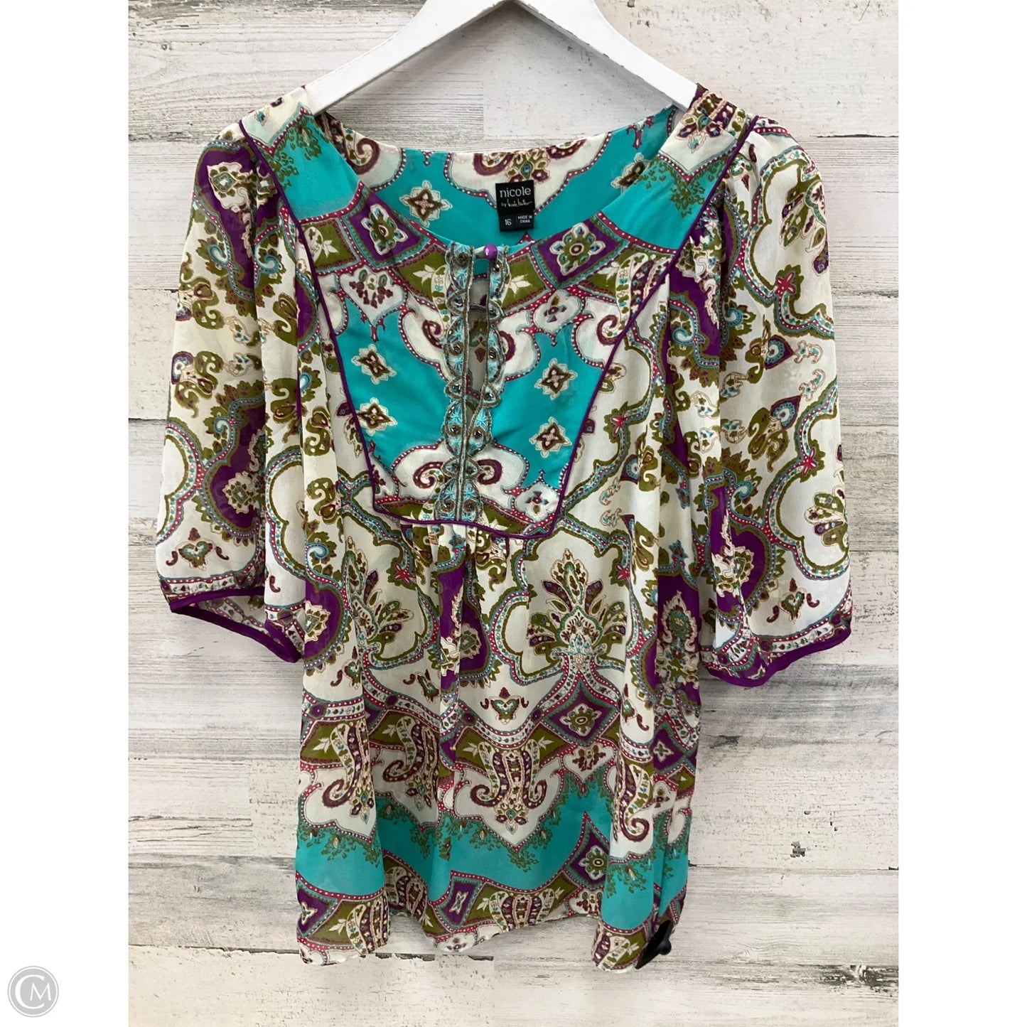 Top Short Sleeve By Nicole By Nicole Miller In Cream & Green, Size: Xl