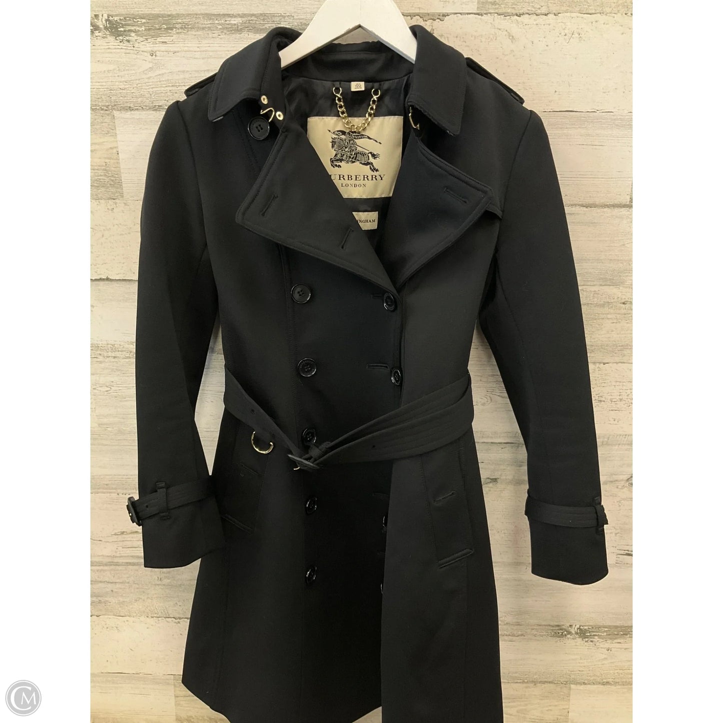 Coat Luxury Designer By Burberry In Black, Size: 6