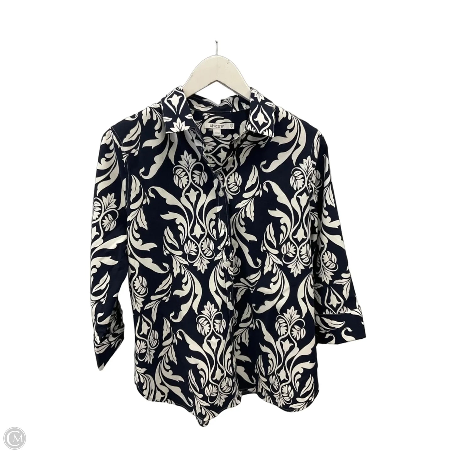 Top 3/4 Sleeve By Chicos In Blue & White, Size: S