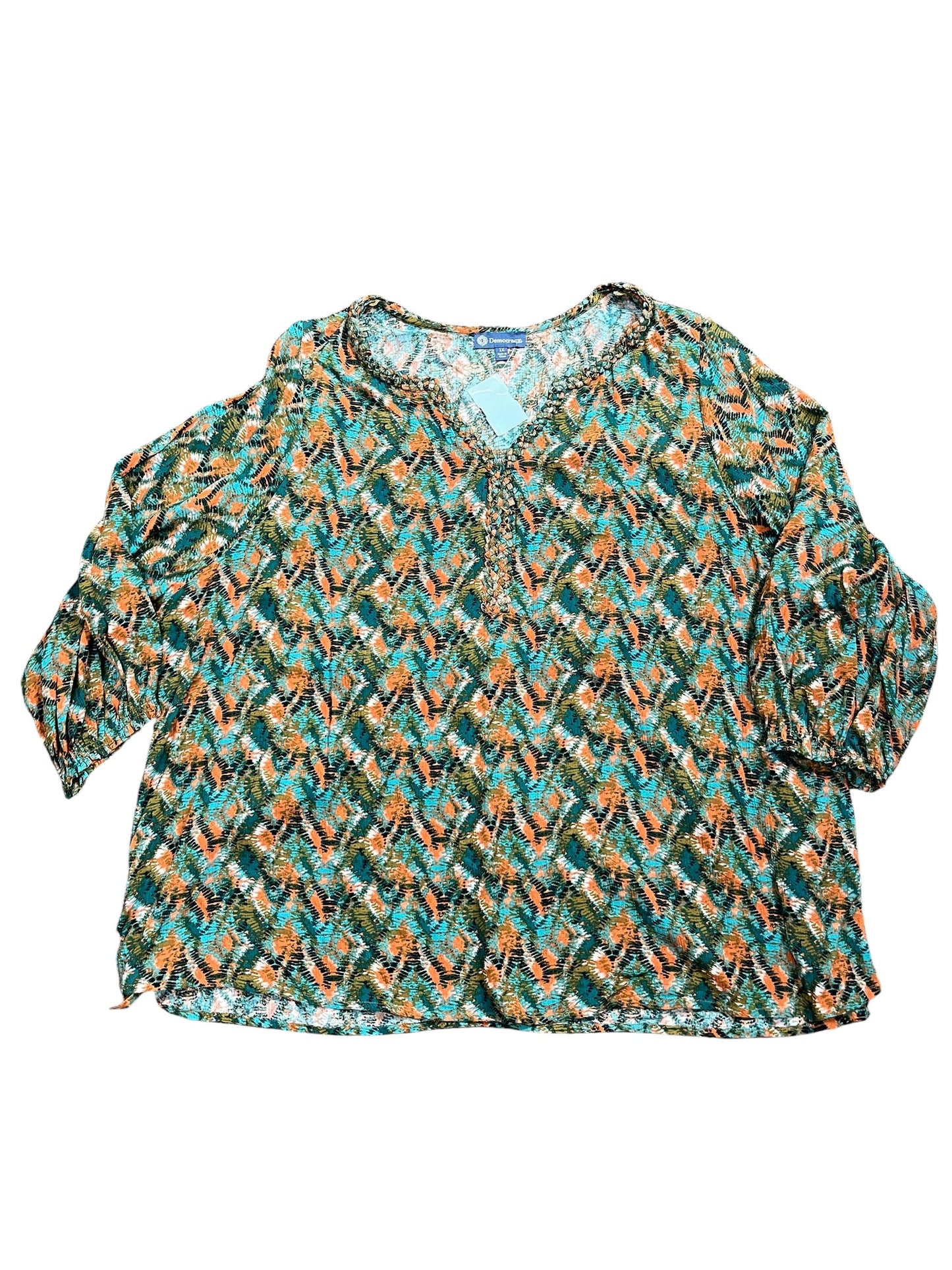 Blouse 3/4 Sleeve By Democracy In Blue & Orange, Size:1X