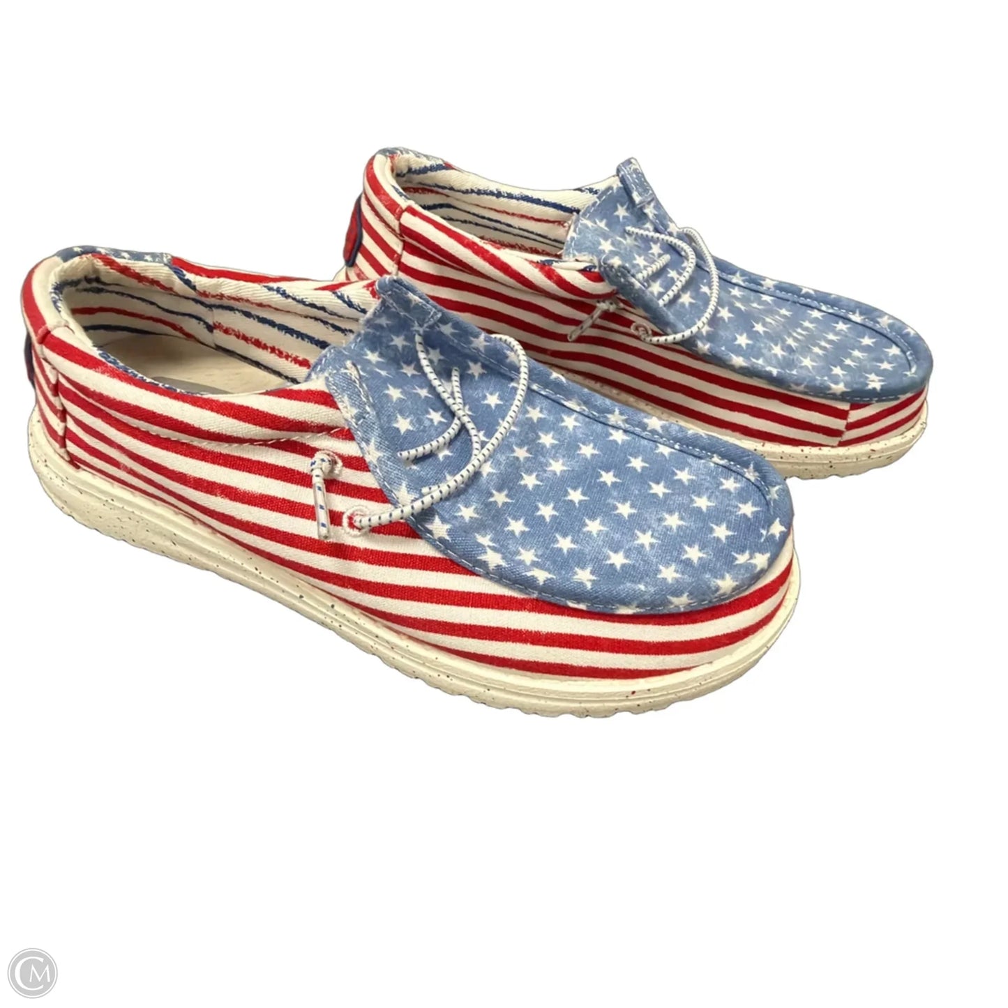 Shoes Flats By Hey Dude In Blue & Red & White, Size: 6