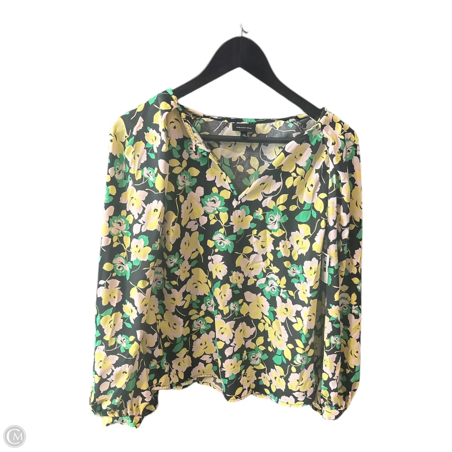Top Long Sleeve Basic By Who What Wear In Green & Yellow, Size: M