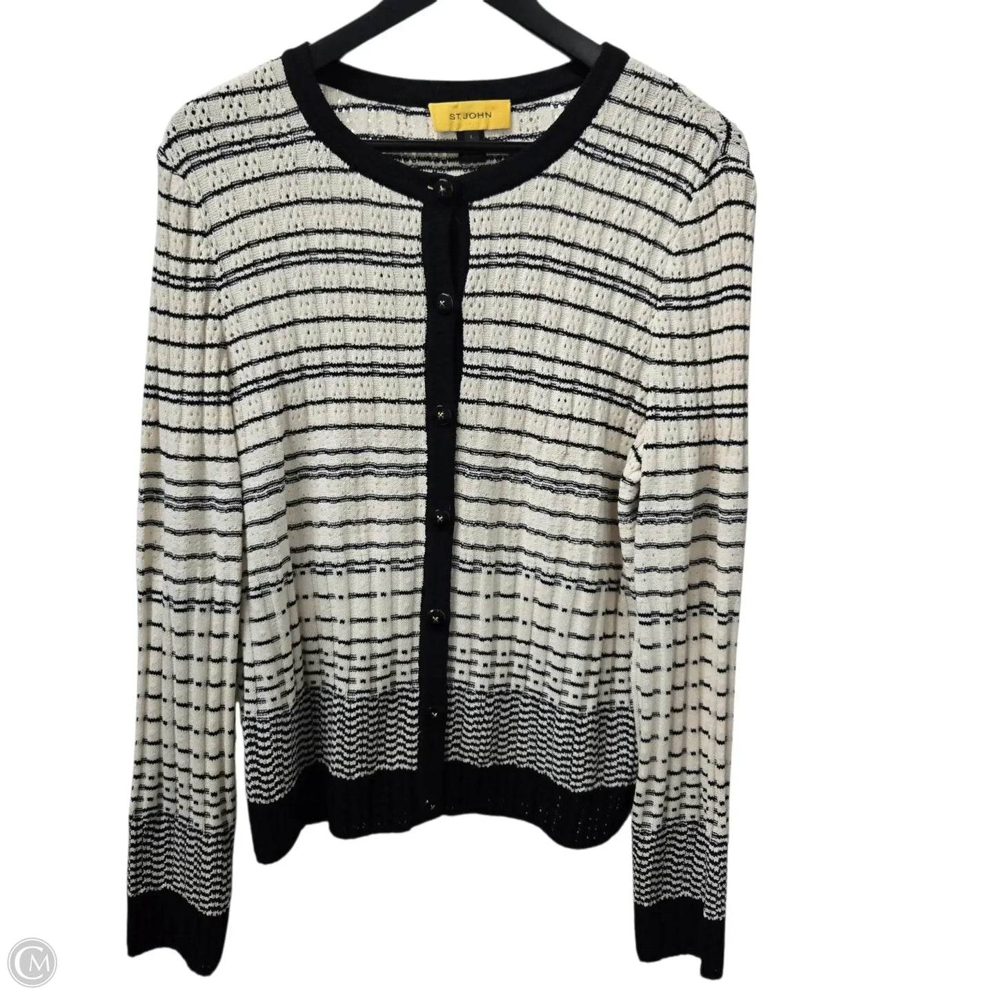 Cardigan Luxury Designer By St John Collection In Black & Cream, Size: L
