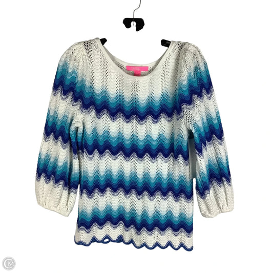 Sweater Cardigan Designer By Lilly Pulitzer In Blue & White, Size: L
