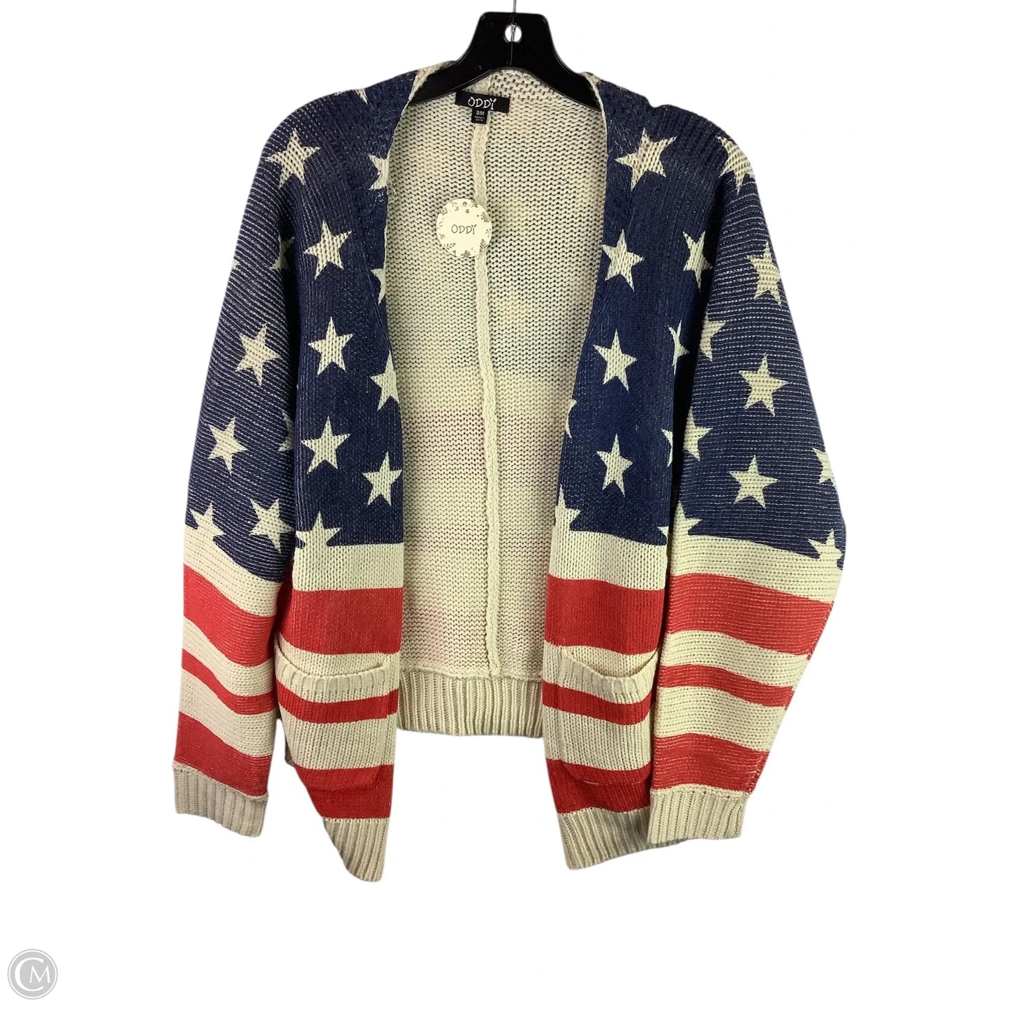 Sweater Cardigan By Oddi In Blue & Red & White, Size: S