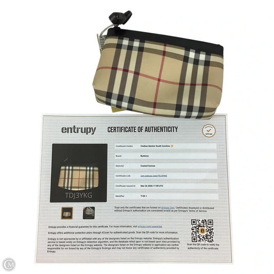 Makeup Pouch Luxury Designer By Burberry, Size: Small