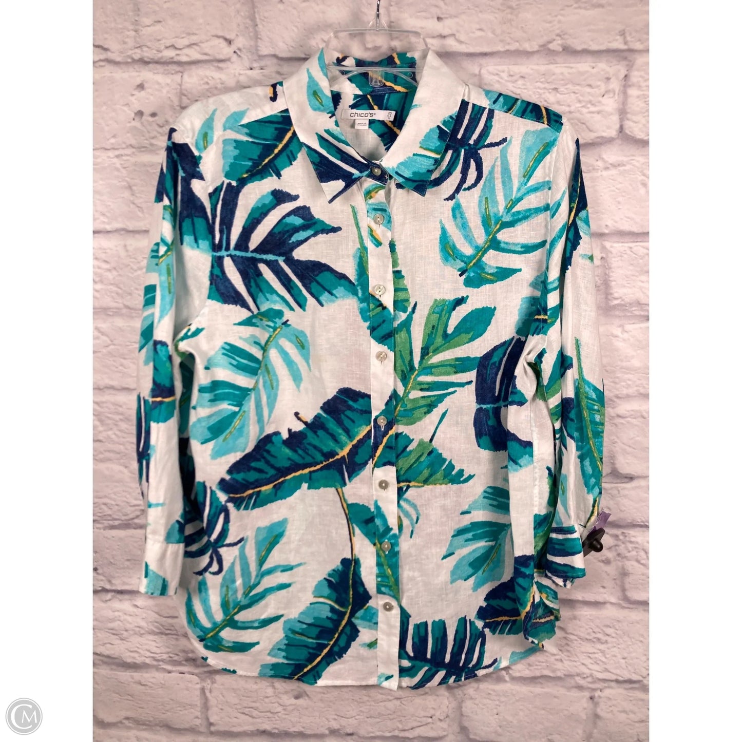 Top Long Sleeve By Chicos In Blue & White, Size: L