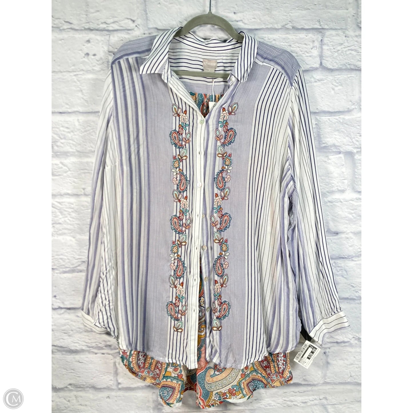 Blouse Long Sleeve By Chicos In Blue & White, Size: Xl