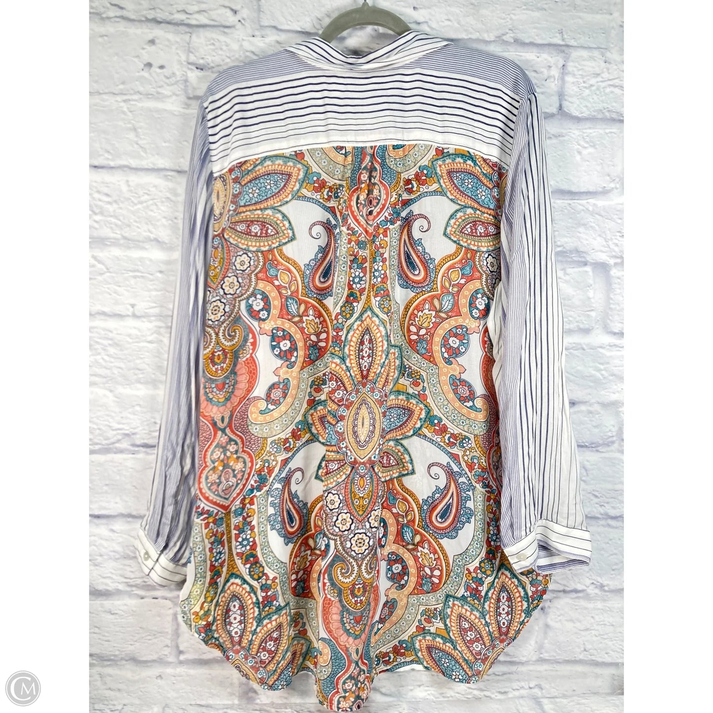 Blouse Long Sleeve By Chicos In Blue & White, Size: Xl
