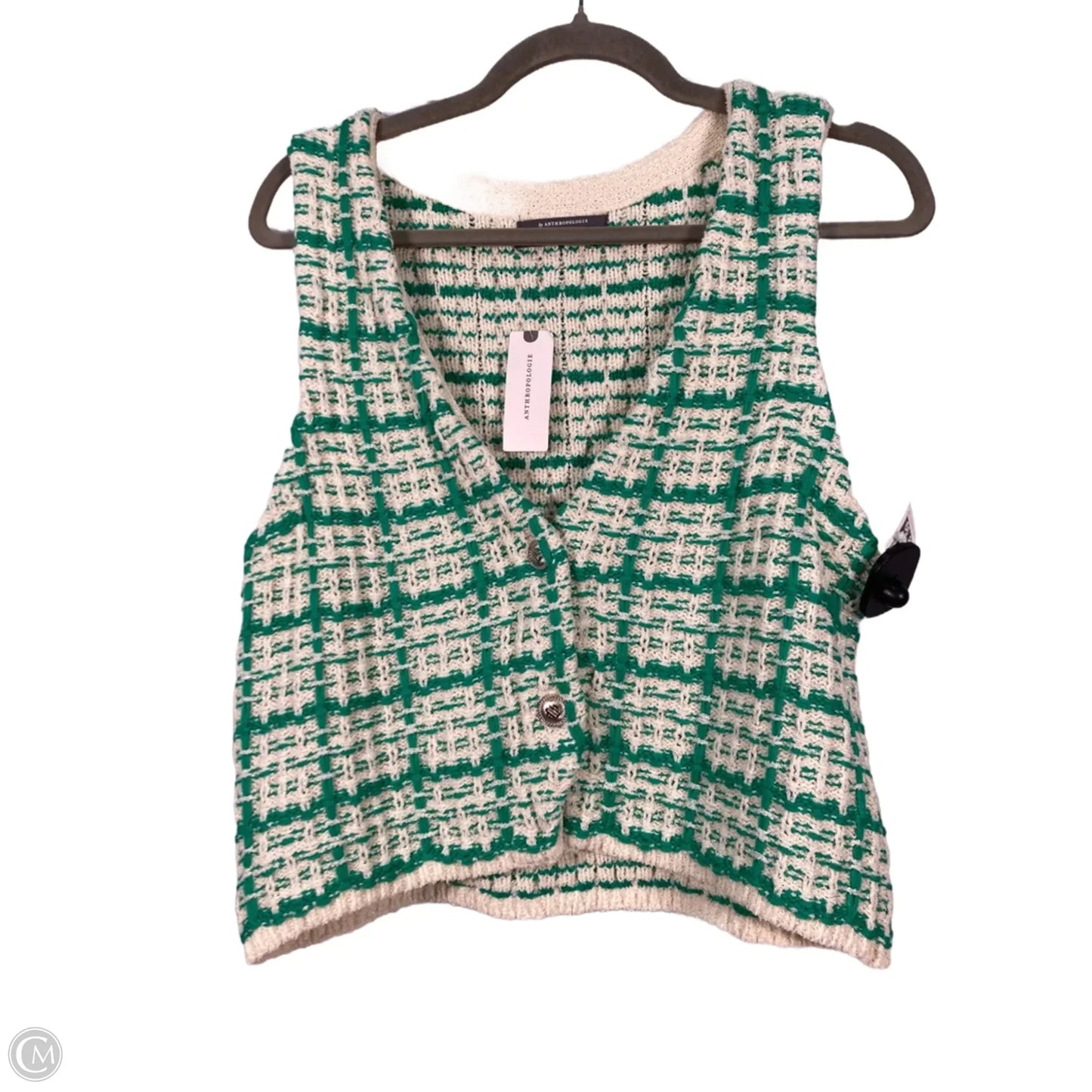 Vest Sweater By Anthropologie In Cream & Green, Size: S
