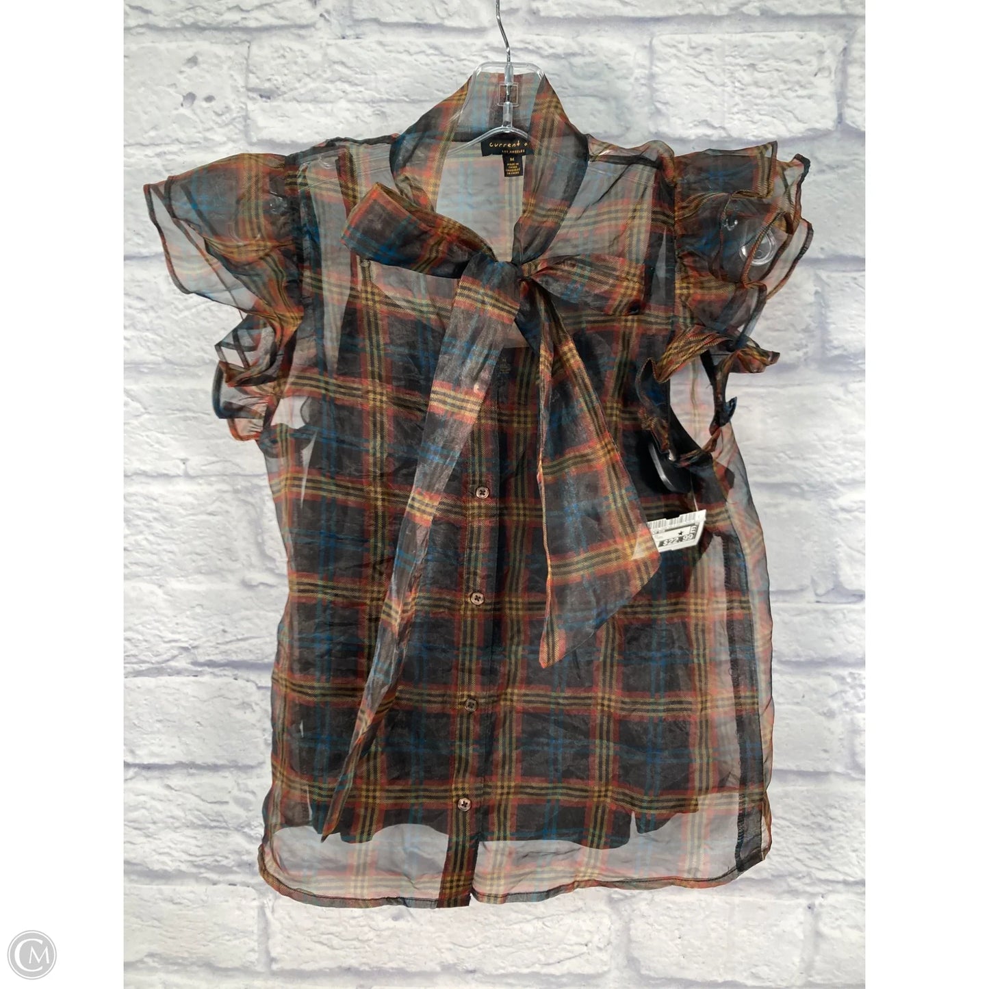 Blouse Short Sleeve By Current Air In Plaid Pattern, Size: M