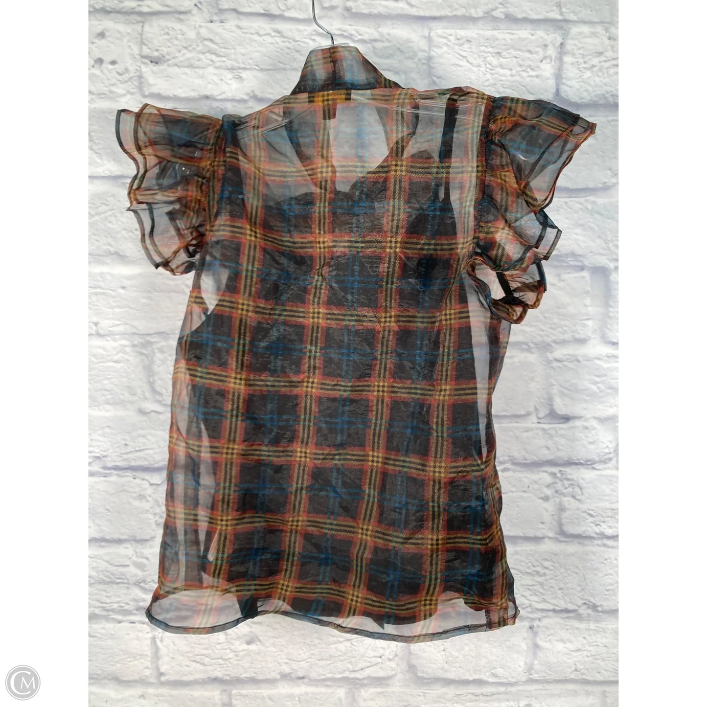 Blouse Short Sleeve By Current Air In Plaid Pattern, Size: M