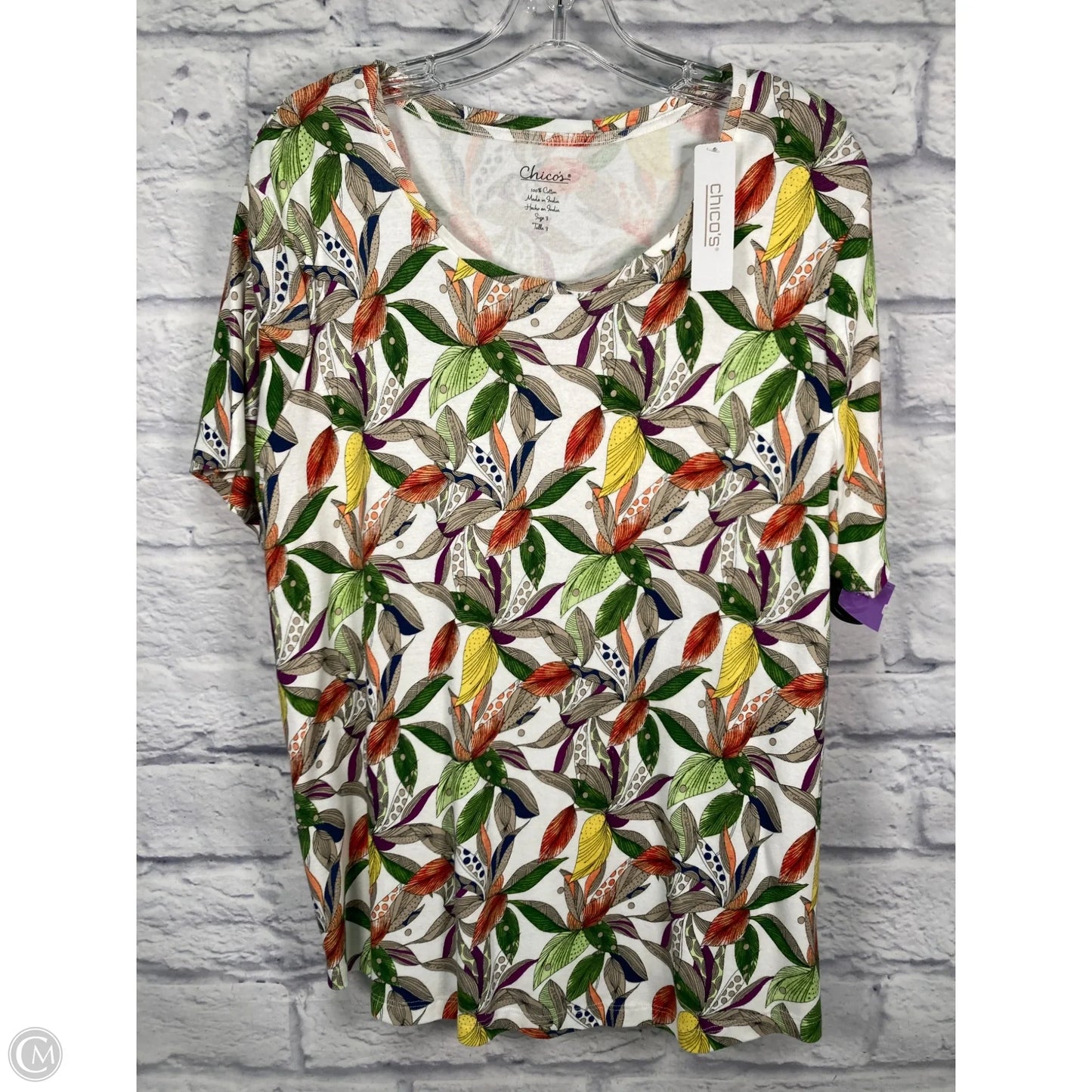 Top Short Sleeve By Chicos In Green & White, Size: Xl