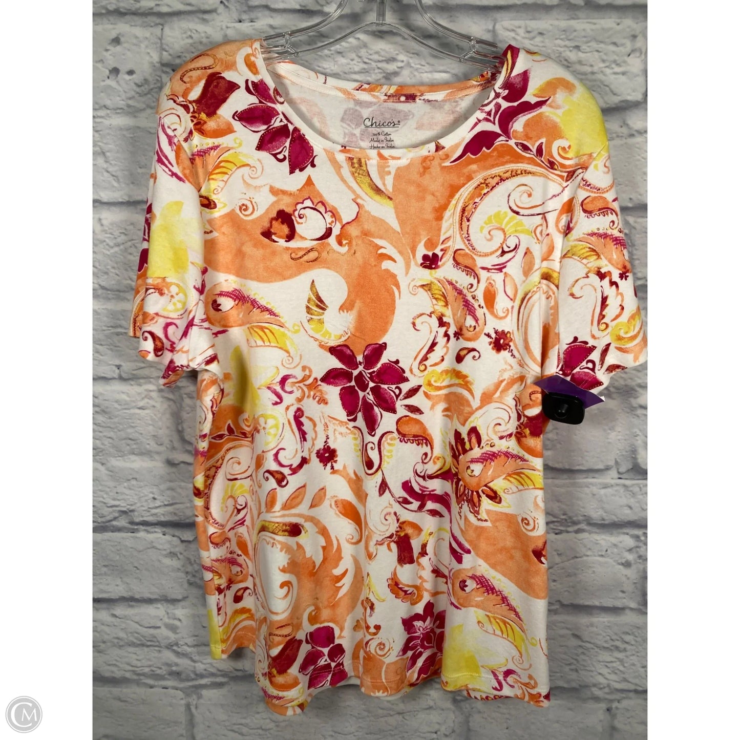 Top Short Sleeve By Chicos In Orange & White, Size: Xl