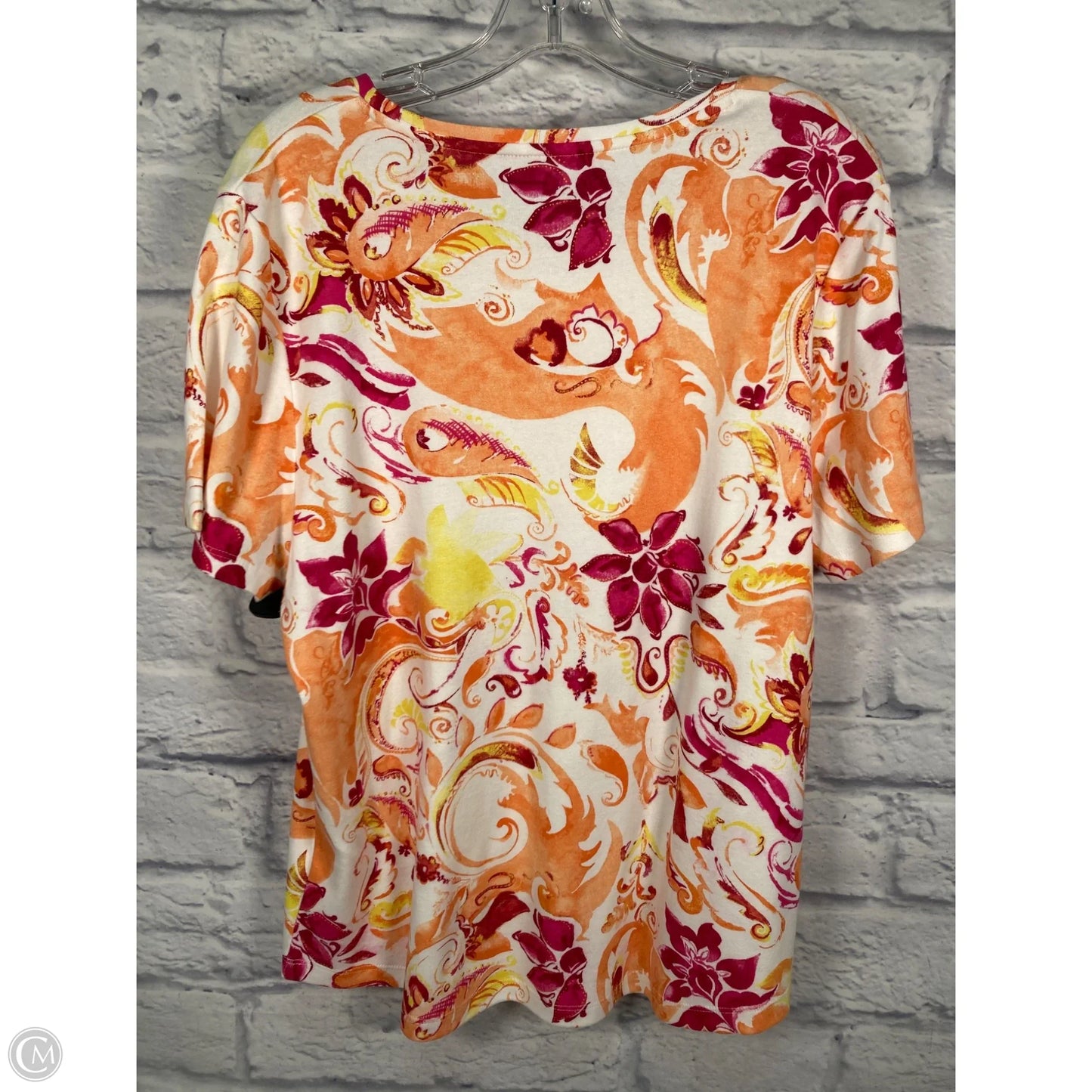 Top Short Sleeve By Chicos In Orange & White, Size: Xl