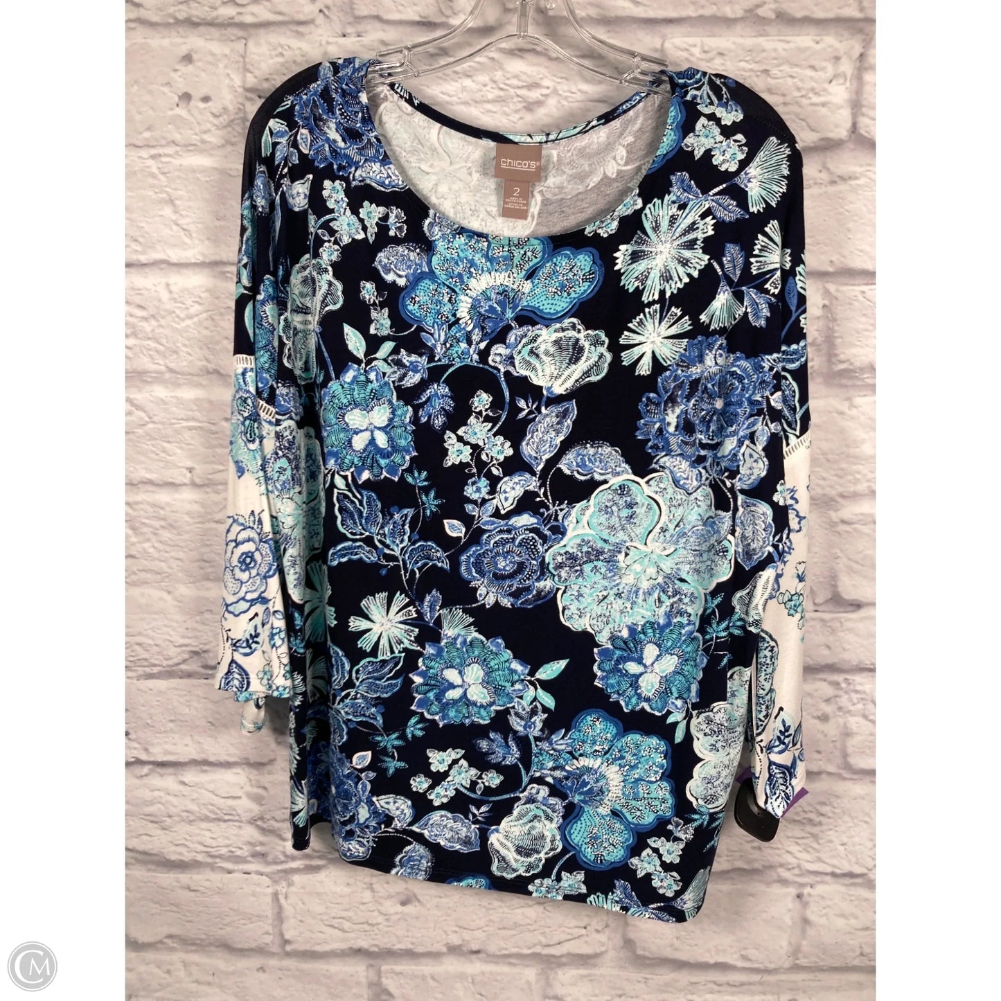 Top 3/4 Sleeve By Chicos In Blue & White, Size: L