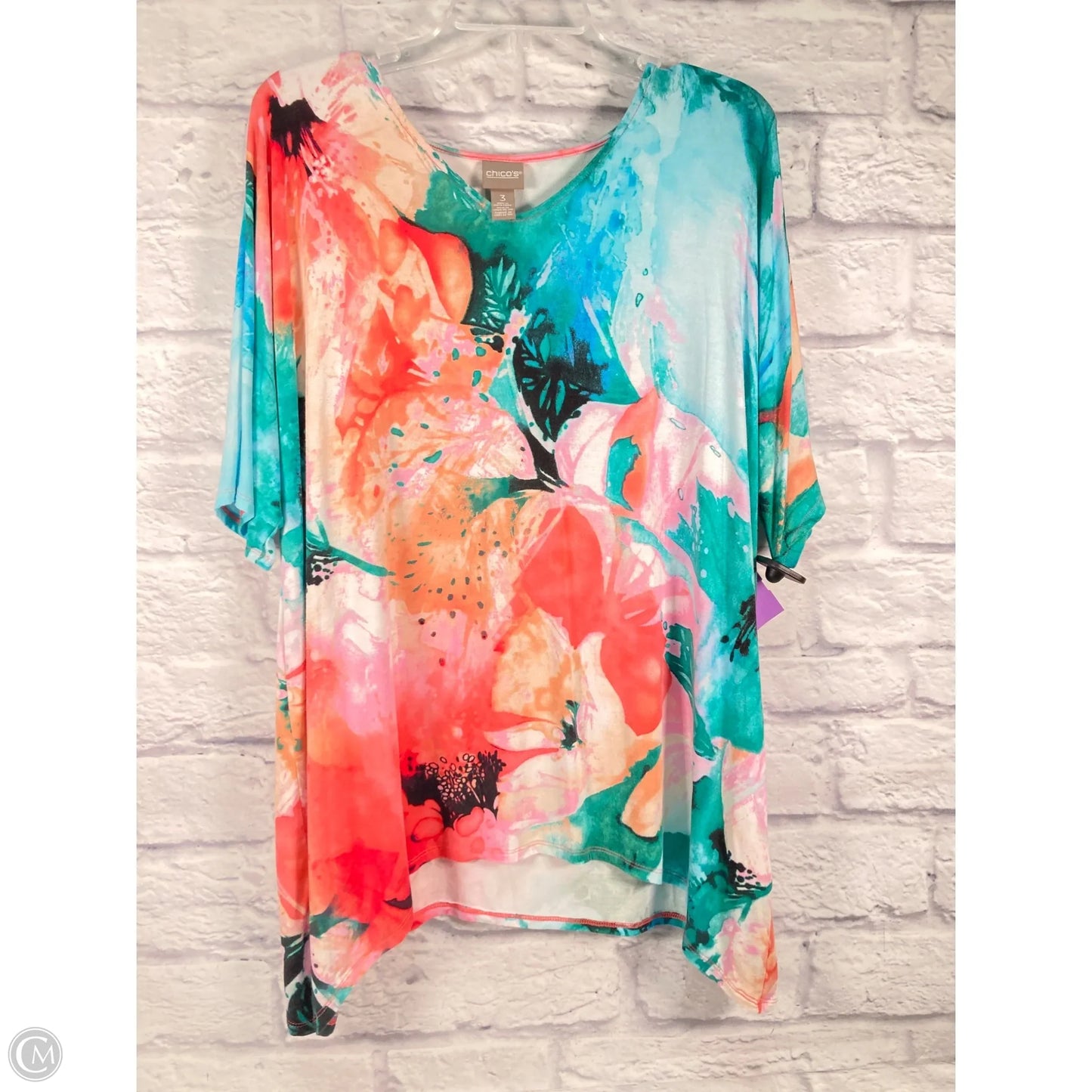 Top Short Sleeve By Chicos In Green & Orange, Size: Xl