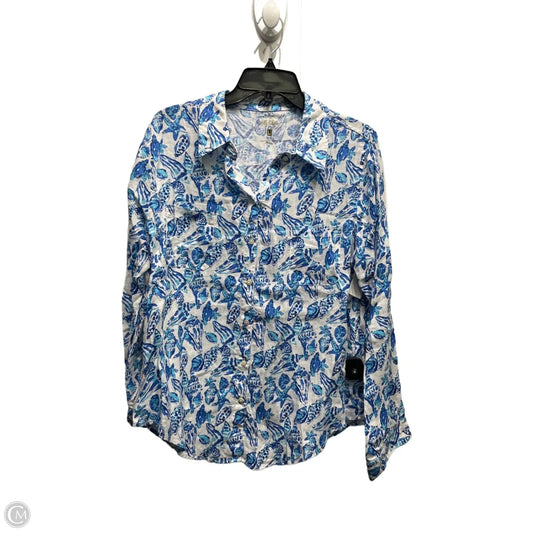 Top Long Sleeve Designer By Lilly Pulitzer In Blue & White, Size: M