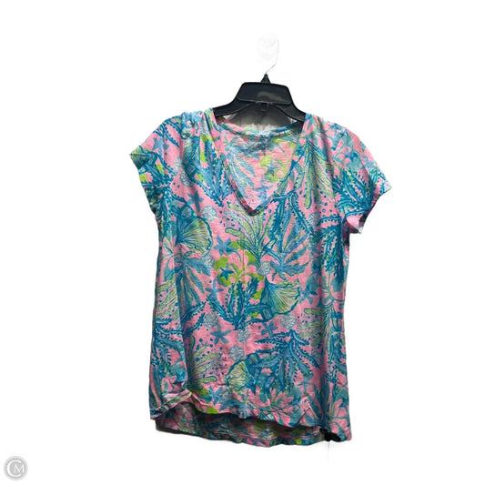 Top Short Sleeve Designer By Lilly Pulitzer In Blue & Pink, Size: M