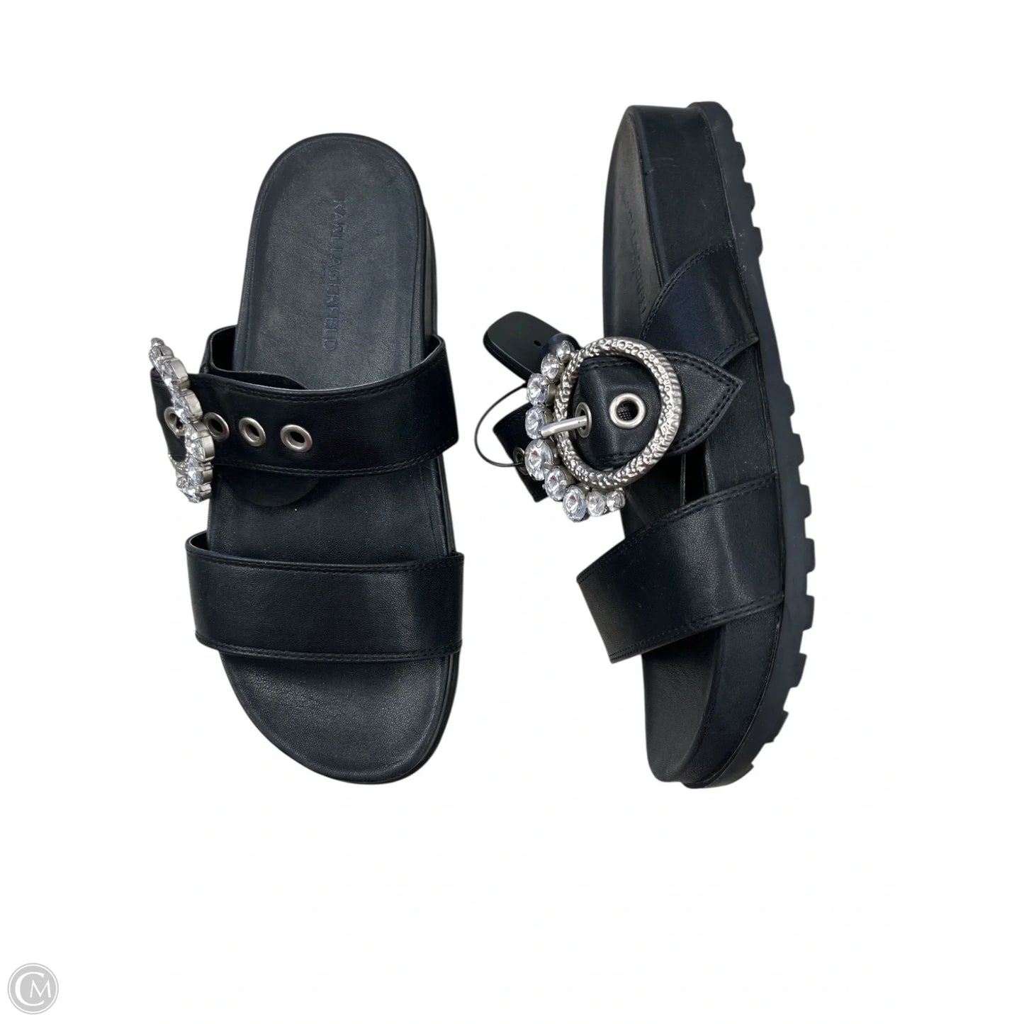 Sandals Designer By Karl Lagerfeld In Black & Silver, Size: 7