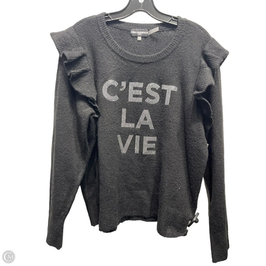 Sweater Cardigan Designer By Karl Lagerfeld In Black & Silver, Size: L