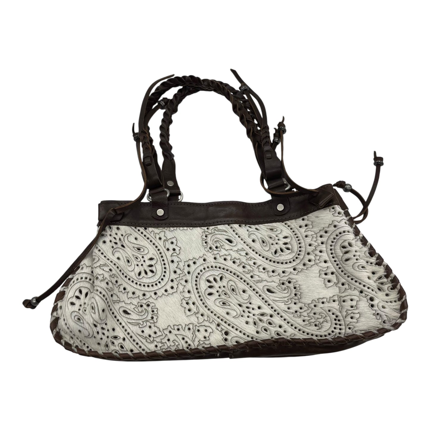 Handbag Leather By Clothes Mentor In Brown & Cream, Size:Medium