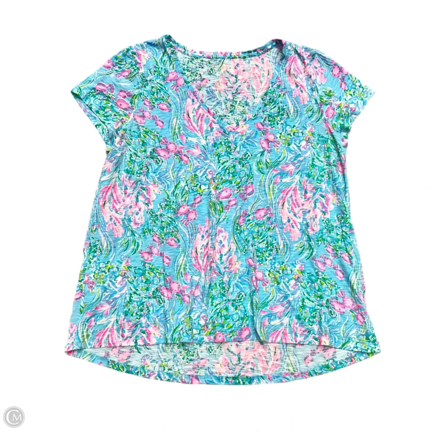 Top Short Sleeve Designer By Lilly Pulitzer In Blue & Pink, Size: L