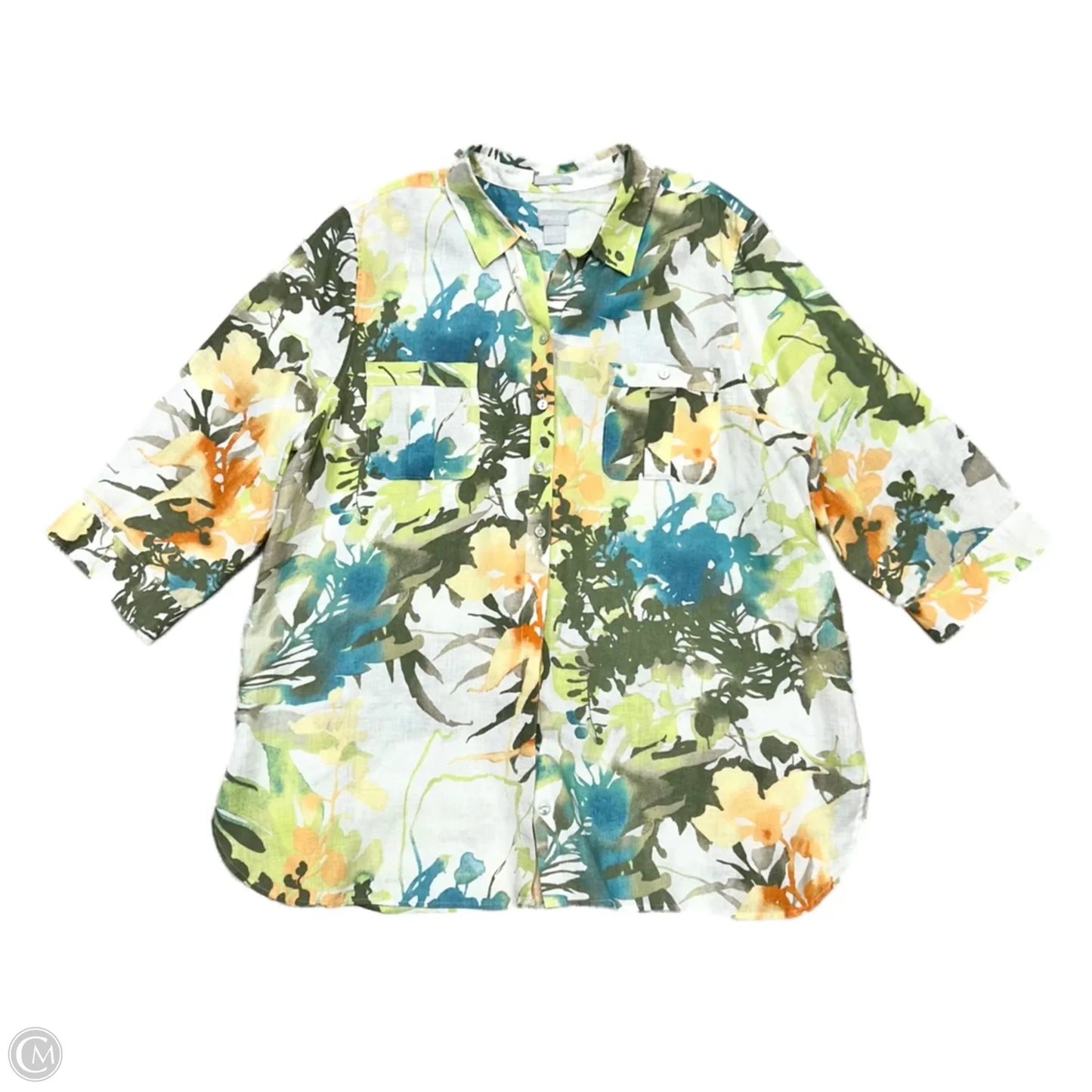 Top Long Sleeve By Chicos In Green & White, Size: 2x