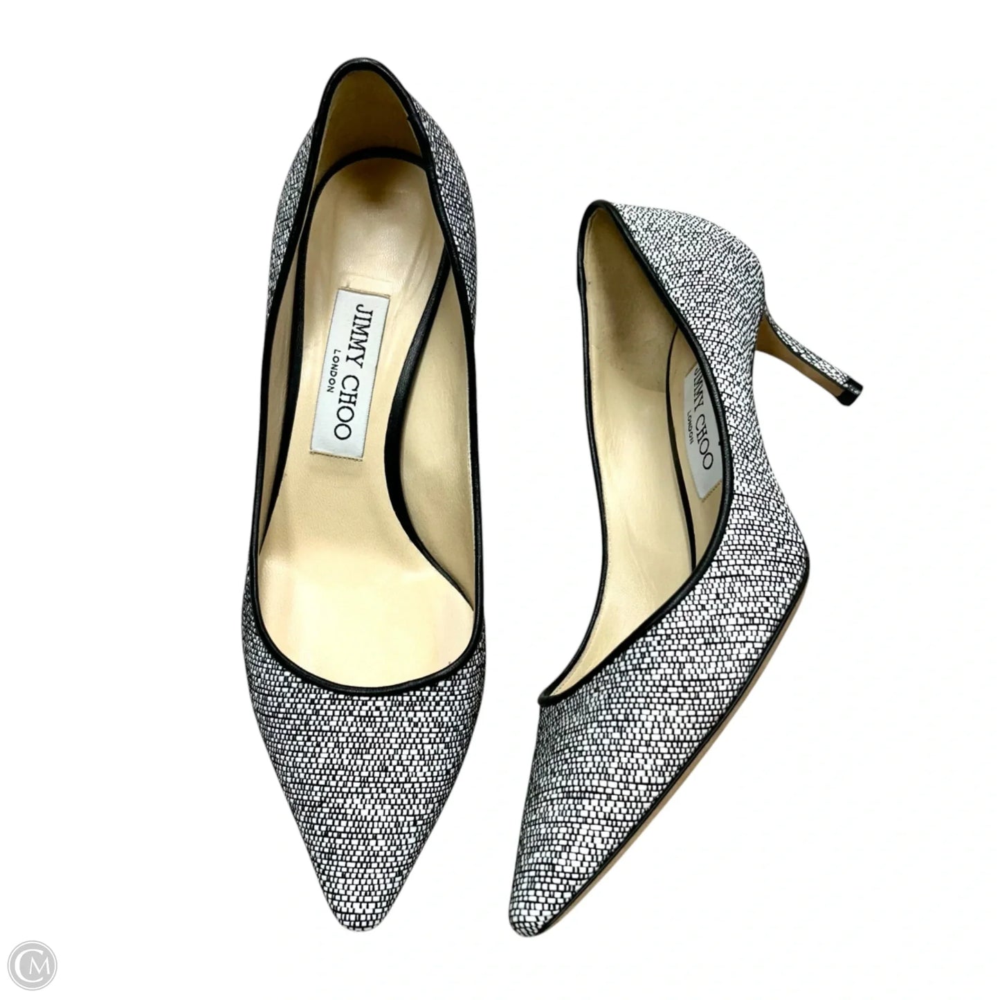 Shoes Luxury Designer By Jimmy Choo In Black & White, Size: 7.5