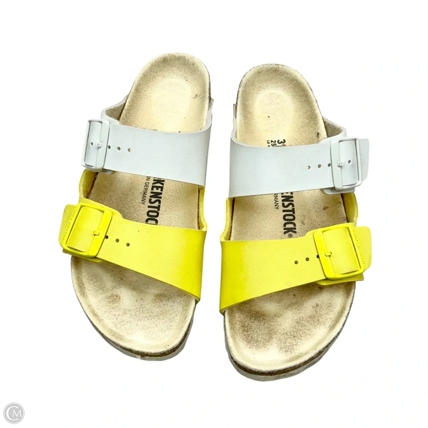 Sandals Flats By Birkenstock In White & Yellow, Size: 8